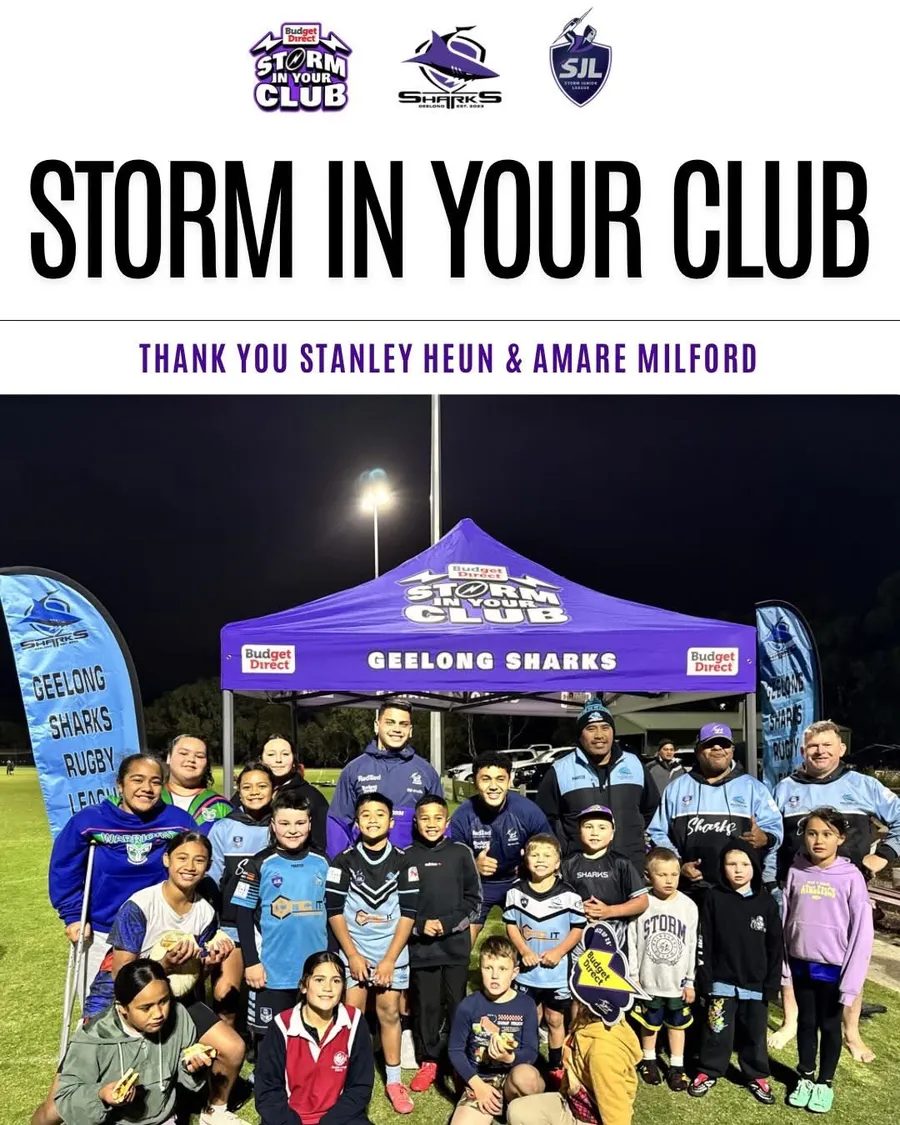Storm in Your Club poster: Geelong Sharks players and families with Melbourne Storm players Stanley Heun and Amare Milford under the club marquee at night.